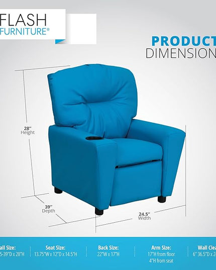 Flash Furniture Chandler Vinyl Kids Recliner with Cup Holder and Safety Recline, Contemporary Reclining Chair for Kids, Supports up to 90 lbs., Turquoise - LeafyLoom