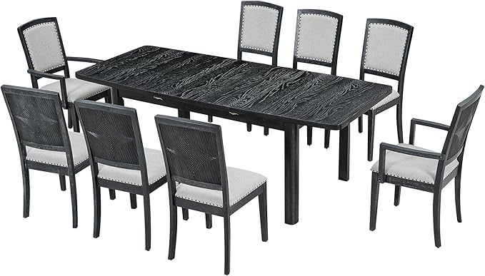 Rustic 9-Piece Wood Dining Set for 8 People, 84" Extendable Rectangular Kitchen Table with Removable Leaf and 8 Upholstered Chairs, Black - LeafyLoom
