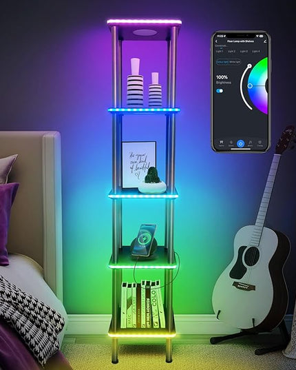 Kekeou RGBCW Floor Lamp with Shelves Tall Lamp Music Sync APP Control Standing Lamp with Wireless Charger & USB Port Color Changing Lamp with Shelves Work with Alexa Black 5 Tier - LeafyLoom