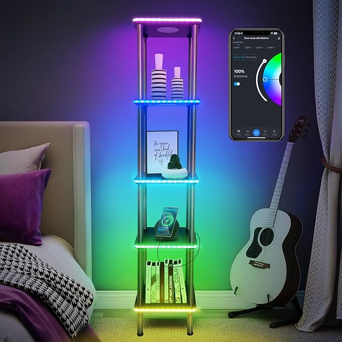 Kekeou RGBCW Floor Lamp with Shelves Tall Lamp Music Sync APP Control Standing Lamp with Wireless Charger & USB Port Color Changing Lamp with Shelves Work with Alexa Black 5 Tier - LeafyLoom