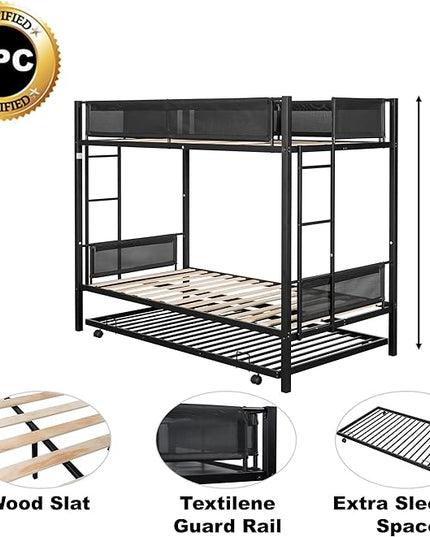 Twin over twin bunk bed with Trundle,Sturdy Metal Frame,Noise-Free Wood Slats,Comfortable Textilene Guardrail, 2 side Ladders,Space-Saving-Trundle,Bunk-Bed for Three,No Box Spring Needed,Black - LeafyLoom