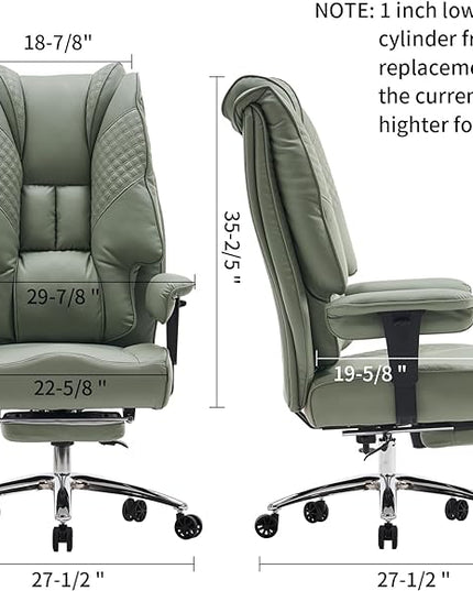 Big and Tall Office Chair 400lbs Wide Seat, Leather High Back Executive Office Chair with Foot Rest, Ergonomic Office Chair Lumbar Support for Lower Back Pain Relief (Light Green) - LeafyLoom