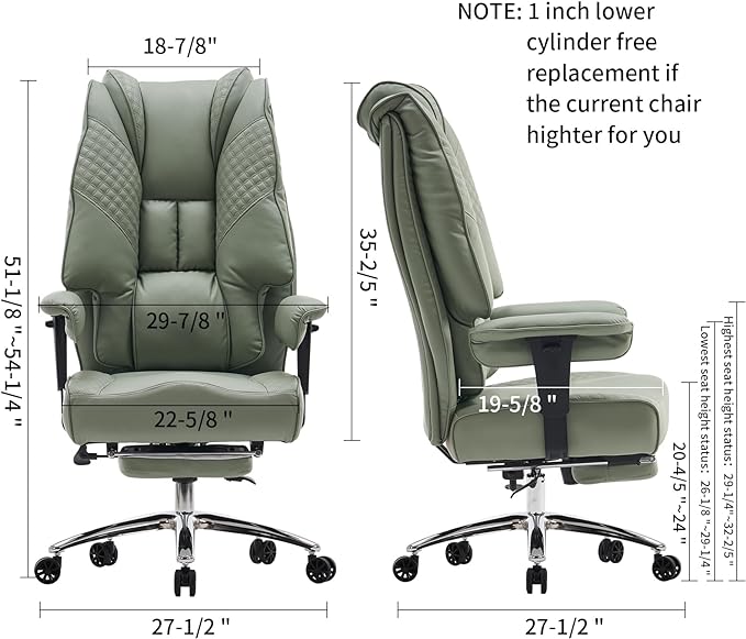 Big and Tall Office Chair 400lbs Wide Seat, Leather High Back Executive Office Chair with Foot Rest, Ergonomic Office Chair Lumbar Support for Lower Back Pain Relief (Light Green) - LeafyLoom