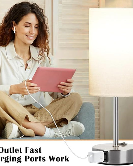 ZJOJO Bedside Lamps with AC Port, Table Lamp for Bedroom 3 Way Dimmable Nightstand Lamp Set of 2 with Round Flaxen Fabric Shade for Living Room, Dorm, Home Office - LeafyLoom