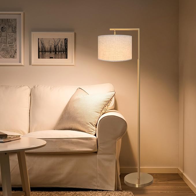 FAGUANGAO 3-Color Temterapure Gold Floor Lamp, Mid Century Modern Floor Lamp, Brass Standing Lamp with Hanging Drum Shade for Living Room, Reading Room, Bedroom, Office (LED Bulb Included) - LeafyLoom