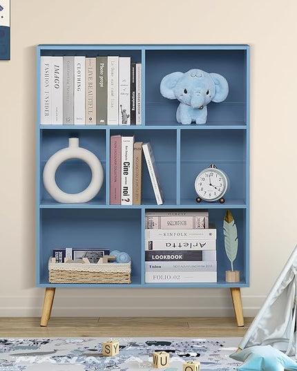 YAHARBO 5 Cube Bookshelf, Blue Kids Book Shelf with Cubby Storage,Wooden Modern Bookcase with Legs,3 Tier Freestanding Display Book Case,Children Toy Organizer,Bookshelves for Office,Nursery,Playroom - LeafyLoom