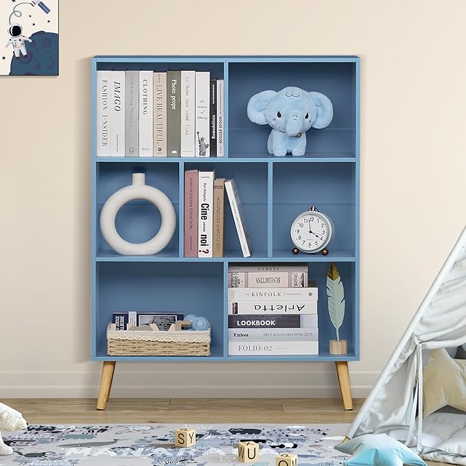 YAHARBO 5 Cube Bookshelf, Blue Kids Book Shelf with Cubby Storage,Wooden Modern Bookcase with Legs,3 Tier Freestanding Display Book Case,Children Toy Organizer,Bookshelves for Office,Nursery,Playroom - LeafyLoom