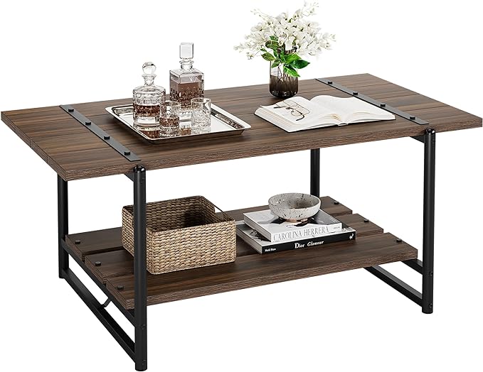 Towallmark 2-Tier Wood Coffee Table, Farmhouse Coffee Table with Storage Shelf- Rustic Metal Rectangle Center Living Room Coffee Table Accent Furniture for Home Office (Black Walnut) - LeafyLoom