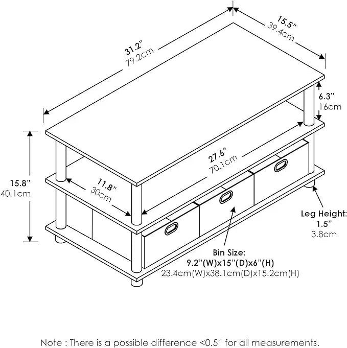 FURINNO Turn-N-Tube Coffee Table, 31.22D x 15.5W x 15.8H in, French Oak Grey/Black/Black - LeafyLoom
