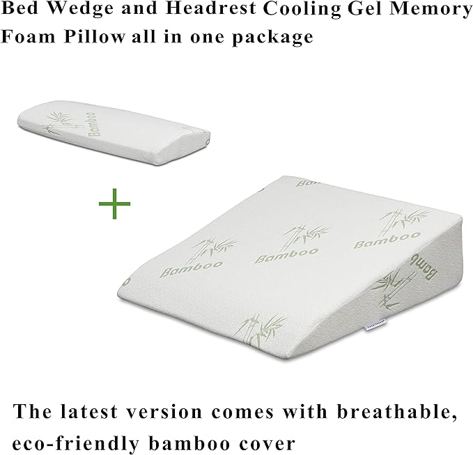 InteVision Foam Bed Wedge Pillow (26" x 25" x 7.5") and Headrest Set, 2" Memory Foam Top - Helps Relief from Acid Reflux, Post Surgery, Snoring - LeafyLoom