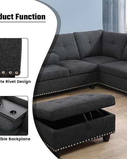 L Shaped Sofa with Ottoman Modern Sectional Living Room, Bedroom, Office, L Couch Nail-Head - LeafyLoom