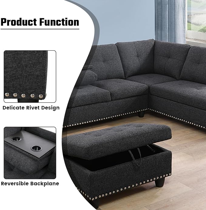 L Shaped Sofa with Ottoman Modern Nail-Head Design Linen Facing Sectional Couches with Cup Holder for Living Room, Bedroom, Office, Dark Grey with Right Chaise - LeafyLoom