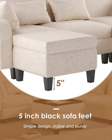 Modern L-Shaped Couch with Coffee Table & 6 Pillows, 6-Seat Sectional Sofa Set with Storage Ottoman & Unique Curved Armrest, Convertible 5-Seat Indoor Furniture for Living Room, Apartment - LeafyLoom