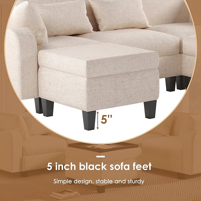 Modern L-Shaped Couch with Coffee Table & 6 Pillows, 6-Seat Sectional Sofa Set with Storage Ottoman & Unique Curved Armrest, Convertible 5-Seat Indoor Furniture for Living Room, Apartment - LeafyLoom