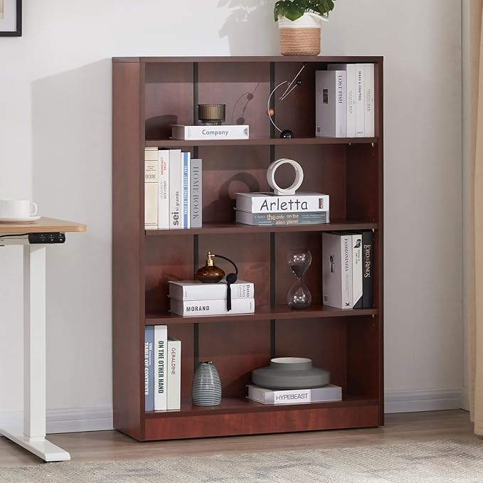 Farini Cherry Bookshelf for Bedroom 4 Shelf Office Bookcase 48 Inches Tall Modern Wood Bookshelf for Living Room 4 Tier Wide Manga Bookshelf Library Bookcase - LeafyLoom
