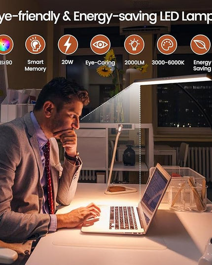 LED Desk Lamp with Clamp, 23" Wide Desk Light for Home Office, 20W Brightest, 2000LM, 3 Color Modes & Dimmable Brightness with Touch Control, Tall Flexible Light for Monitor Studio Reading - LeafyLoom