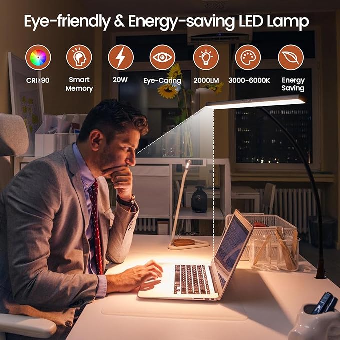 LED Desk Lamp with Clamp, 23" Wide Desk Light for Home Office, 20W Brightest, 2000LM, 3 Color Modes & Dimmable Brightness with Touch Control, Tall Flexible Light for Monitor Studio Reading - LeafyLoom