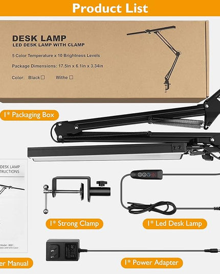 LED Desk Lamp with Clamp, Super Bright Double Head Desk Lamps for Home Office, 5 Color Modes, 10%~100% Dimmable Brightness, Architect Task Desk Light, Modern Swing Arm Workbench Desk Lighting - LeafyLoom