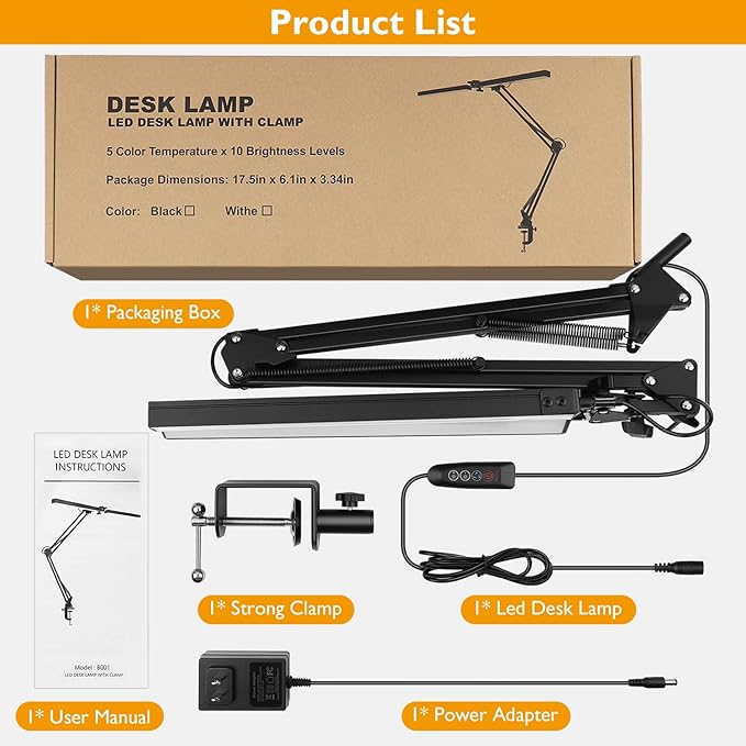 LED Desk Lamp with Clamp, Super Bright Double Head Desk Lamps for Home Office, 5 Color Modes, 10%~100% Dimmable Brightness, Architect Task Desk Light, Modern Swing Arm Workbench Desk Lighting - LeafyLoom