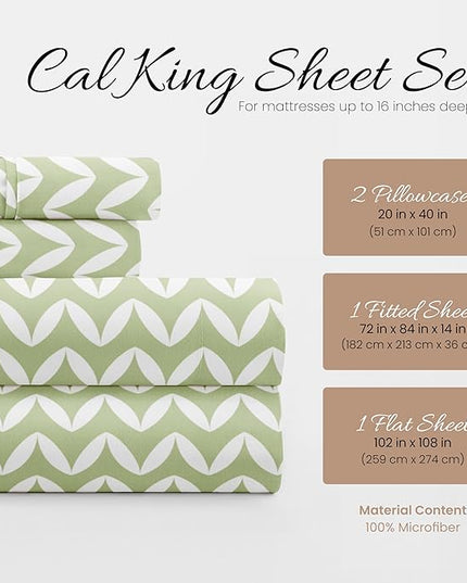 4 Piece California King Bedding Sheet Set (Sage Chevron) - Sleep Better Than Ever with These Ultra-Soft & Cooling Bed Sheets for Your Cal King Size Bed - Deep Pocket Fits 16" Mattress - LeafyLoom