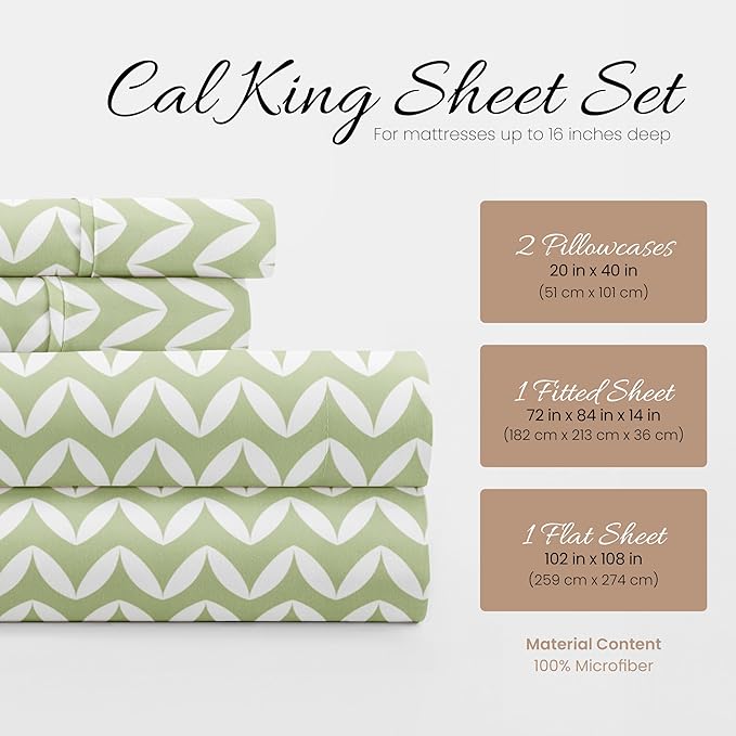 4 Piece California King Bedding Sheet Set (Sage Chevron) - Sleep Better Than Ever with These Ultra-Soft & Cooling Bed Sheets for Your Cal King Size Bed - Deep Pocket Fits 16" Mattress - LeafyLoom