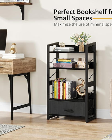 Small Bookshelf with Drawer: 4-Tier Wood Book Shelf Industrial Narrow Bookcase Storage Organizer Metal Stackable Shelves for Desktop Bedroom Living Room Home Office (Black) - LeafyLoom