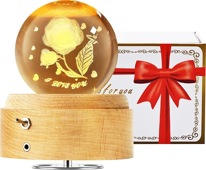 Best for Mom Women Wife Girlfriend Grandma, 3D Rose No.2 Crystal Ball Music Box with LED Night Lamp, Unique Mom Gifts for Birthday Graduation Christmas Valentine's Day Anniversary - LeafyLoom