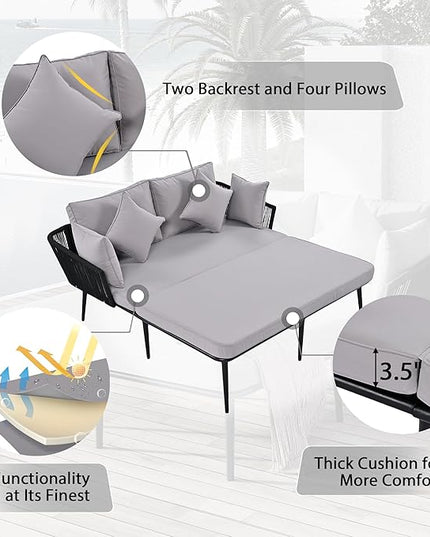 Patio Daybed Set for 2, Outdoor Furniture All-Weather Sofa Sunbed with Adjustable Iron Feet, Woven Nylon Rope Backrest, Washable Cushions and Pillows, for Balcony, Poolside, Gray - LeafyLoom