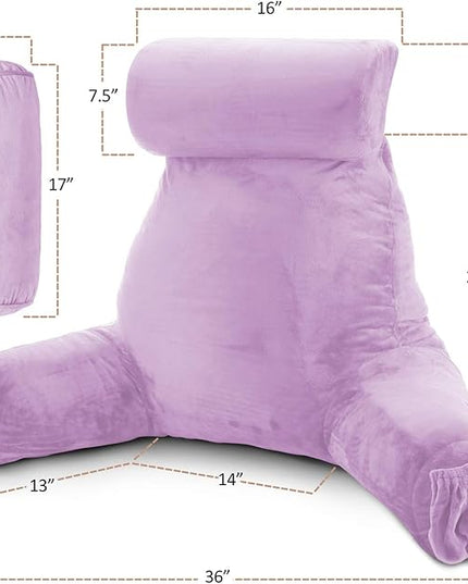 Clara Clark Reading Pillow, Large Back Pillow for Sitting Up in Bed, Memory Foam Back Support Pillow, Reading Pillows for Sitting in Bed Adult, Lavender Sit Up Pillow for Bed with Arms and Pockets - LeafyLoom