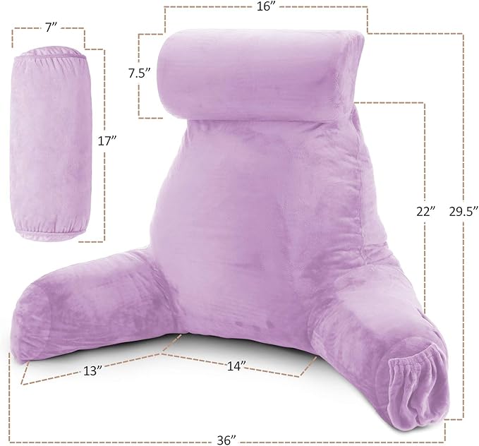Clara Clark Reading Pillow, Large Back Pillow for Sitting Up in Bed, Memory Foam Back Support Pillow, Reading Pillows for Sitting in Bed Adult, Lavender Sit Up Pillow for Bed with Arms and Pockets - LeafyLoom