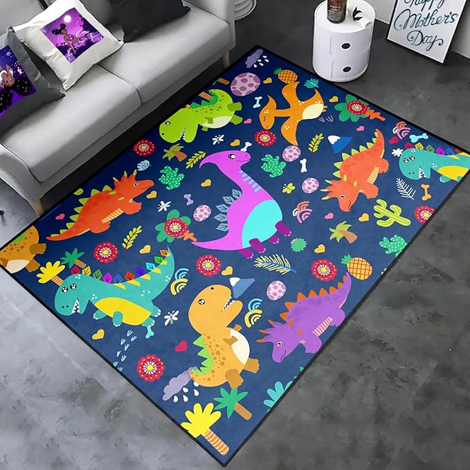 Dinosaur Rugs for Boys Bedroom Dinosaur Play Rug Kids Room Rug Dinosaur Area Rug Cartoon Dinosaur Carpet Cute Dinosaur Mat Dinosaur Rug for Living Room Bedroom Playroom, Blue 3'×5' - LeafyLoom