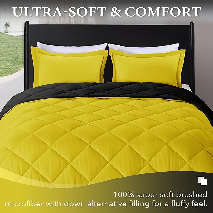 downluxe Queen Comforter Set - Lemon and Black Queen Comforter, Soft Bedding Sets for All Seasons -3 Pieces - 1 Comforter (88"x92") and 2 Pillow Shams(20"x26") - LeafyLoom
