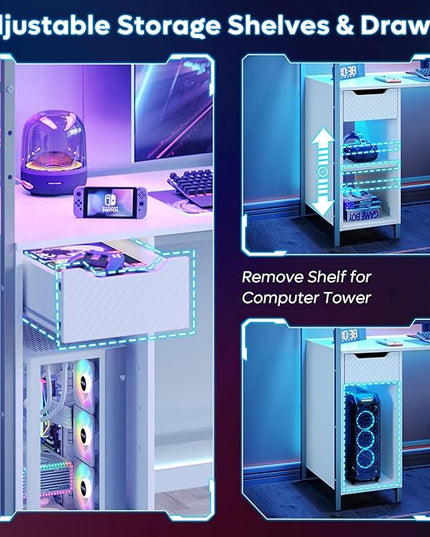 Bestier Gaming Desk with Drawer and LED Lights, 48 inch Computer Desk PC Table with Adjustable Storage Shelves & Hook for Home Office, Carbon Fiber White - LeafyLoom