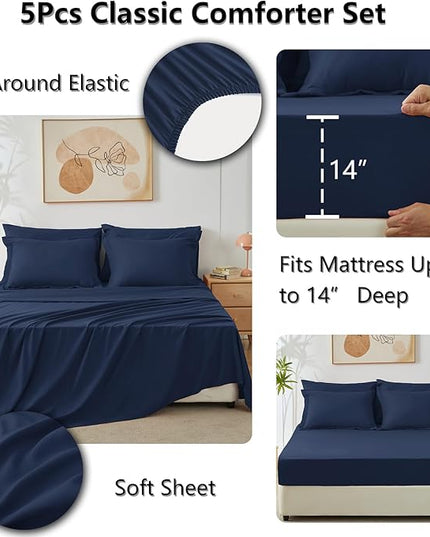 CozyLux Twin Bed in a Bag Comforter Set with Sheets 5 Pieces for Girls and Boys Navy Blue All Season Bedding Sets with Comforter, Pillow Sham, Flat Sheet, Fitted Sheet and Pillowcase - LeafyLoom