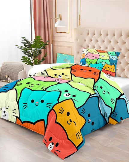 Cat Twin Comforter Set for Bedroom - 2Pcs Lovely Kitten Print Twin Bedding Set Cute Cat Patterns for Girls Boys Kids Warm Soft Breathable Cat Comforter with 1 Pillowcase for All Season, Twin Size - LeafyLoom