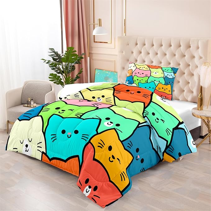Cat Twin Comforter Set for Bedroom - 2Pcs Lovely Kitten Print Twin Bedding Set Cute Cat Patterns for Girls Boys Kids Warm Soft Breathable Cat Comforter with 1 Pillowcase for All Season, Twin Size - LeafyLoom