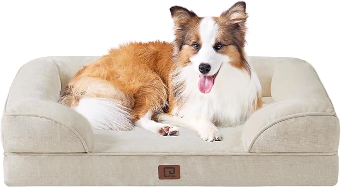 EHEYCIGA Orthopedic Dog Beds for Large Dogs, Waterproof Memory Foam Large Dog Bed with Sides, Non-Slip Bottom and Egg-Crate Foam Large Dog Couch Bed with Washable Removable Cover, Beige EHEYCIGA