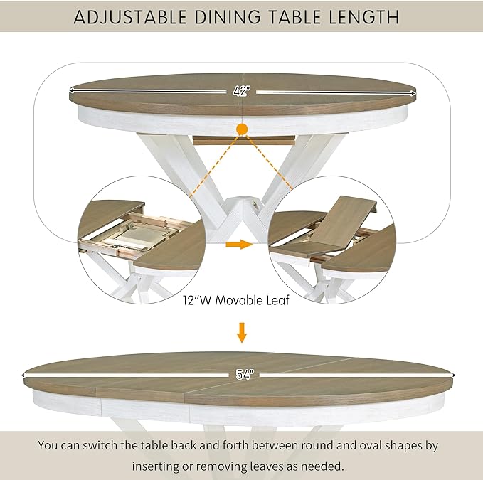 NicBex Dining Table for 4 Kitchen Table and Chairs 5-Piece Retro Functional Dining Table Set Extendable Round Table and 4 Upholstered Chairs for Dining Room and Living Room, Brown + Antique White - LeafyLoom