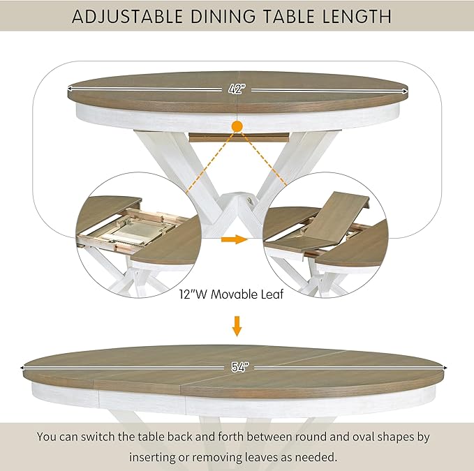 Retro Style 5 Piece Set with Extendable Round Table and 4 Upholstered Chairs, Full Assembly Required and Easy Clean, for Dining Room, Kitchen, Brown+Antique White - LeafyLoom