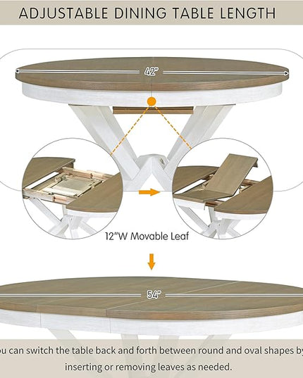 Merax 5-Piece Retro Functional Dining Set Extendable Round Table and 4 Upholstered Chairs, White - LeafyLoom