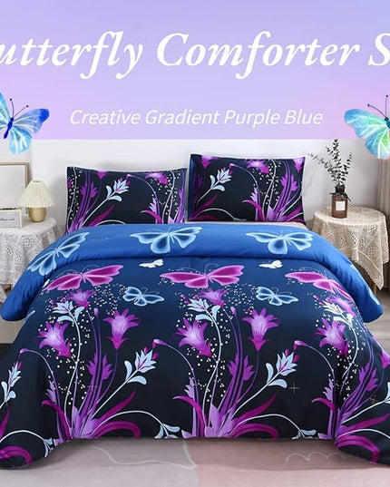 WINLIFE Butterfly Comforter Set Queen Size, 3Pcs Pink Purple Blue Black Animals Butterflies Floral Bedding Set for Girls Women, Soft Bed Set All Season Lightweight Down Alternative - LeafyLoom