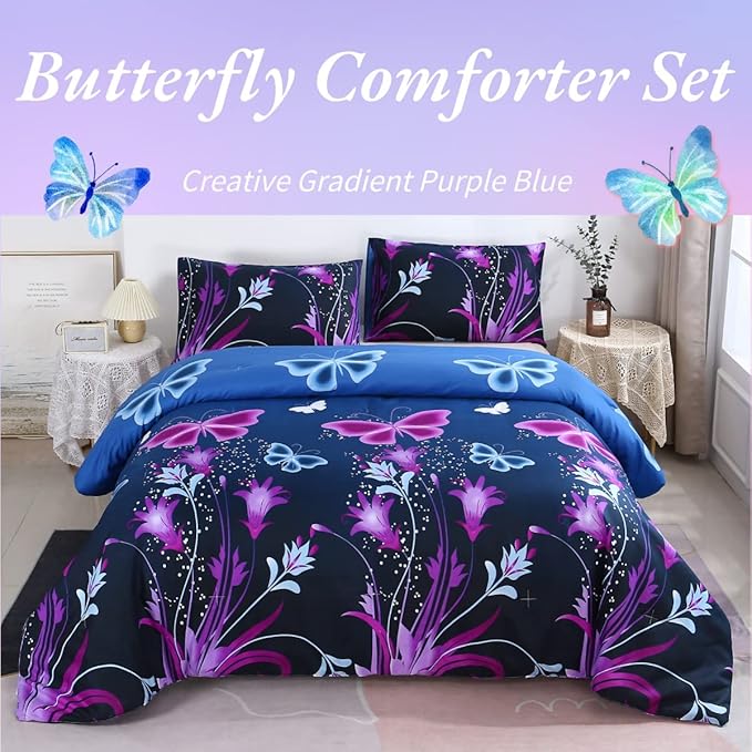 WINLIFE Butterfly Comforter Set Queen Size, 3Pcs Pink Purple Blue Black Animals Butterflies Floral Bedding Set for Girls Women, Soft Bed Set All Season Lightweight Down Alternative - LeafyLoom