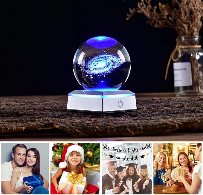 3D Model of Galaxy Crystal Ball, with Led Lamp Stand, Planets Glass Ball, 6 Colors Light, Great Gifts, Home Office Decor, Solar System Sphere with Gift Box - LeafyLoom