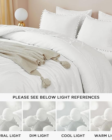Litanika California King Comforter Set White,3 Pieces White Boho Pom Pom Lightweight Bed Comforter, All Season Soft Solid Color Bedding Comforter Sets (1 Comforter 104x96 Inch, 2 Pillowcases) - LeafyLoom