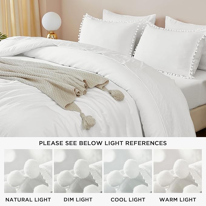 Litanika California King Comforter Set White,3 Pieces White Boho Pom Pom Lightweight Bed Comforter, All Season Soft Solid Color Bedding Comforter Sets (1 Comforter 104x96 Inch, 2 Pillowcases) - LeafyLoom