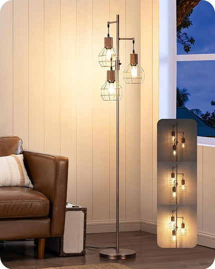 EDISHINE Dimmable Rustic Floor Lamp, Farmhouse Standing Lamp with 3 LED Edison Bulbs, Rattan Design Floor Lamps for Living Room, Bedroom, Reading Corner, Office, Electroplated Brushed Red Copper - LeafyLoom