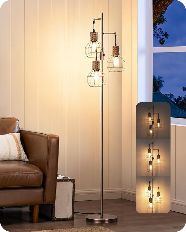 EDISHINE Dimmable Rustic Floor Lamp, Farmhouse Standing Lamp with 3 LED Edison Bulbs, Rattan Design Floor Lamps for Living Room, Bedroom, Reading Corner, Office, Electroplated Brushed Red Copper - LeafyLoom