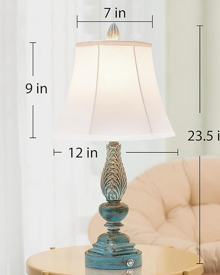 Set of 2 Touch Lamp for Bedroom Nightstand, 23.5'' Table Lamps Desk Lamps with USB Charging Port, Vintage Rustic Farmhouse Lamps for Living Room Home Office Dorm(Blue Washed Finish) - LeafyLoom