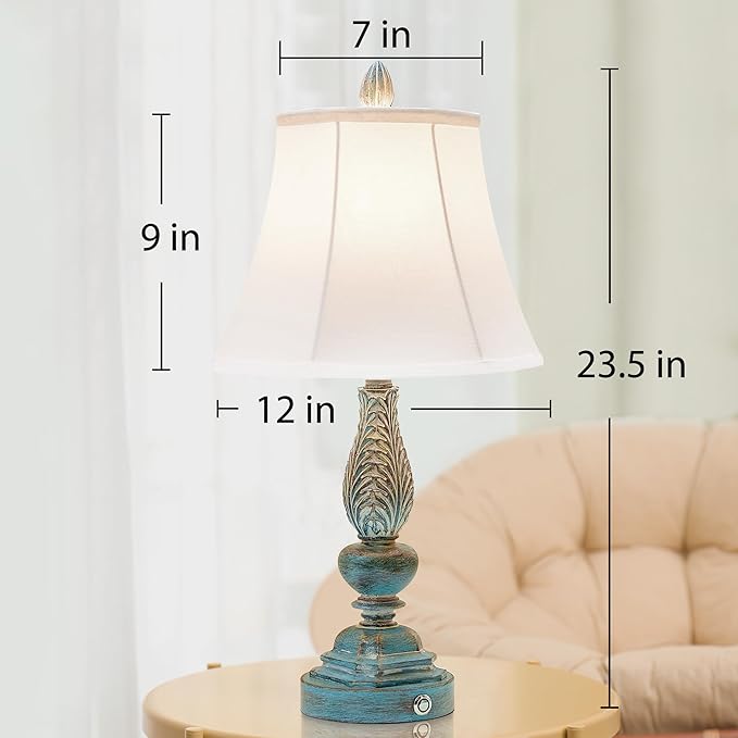 Set of 2 Touch Lamp for Bedroom Nightstand, 23.5'' Table Lamps Desk Lamps with USB Charging Port, Vintage Rustic Farmhouse Lamps for Living Room Home Office Dorm(Blue Washed Finish) - LeafyLoom