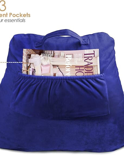 Clara Clark Reading Pillow for Kids, Small Back Pillow for Sitting Up in Bed, Memory Foam Back Support Pillow, Reading Pillows for Sitting in Bed, Royal Blue Gaming Pillow with Arms and Pockets - LeafyLoom